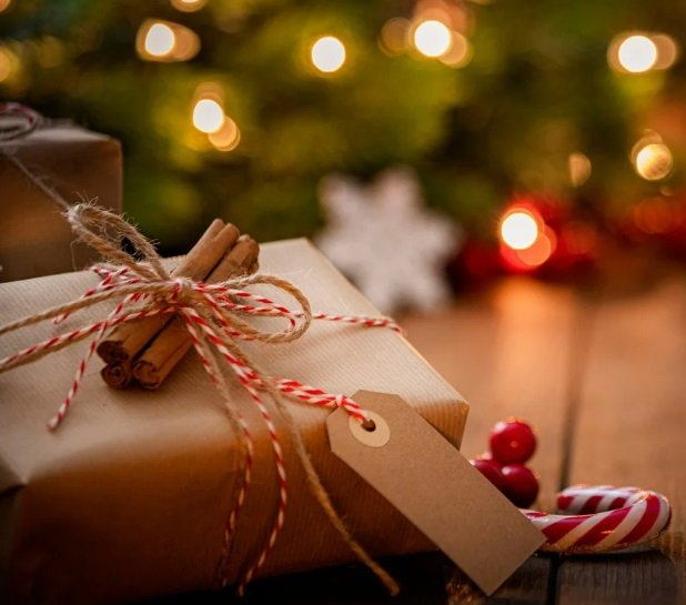 Christmas presents, tree and candy cane