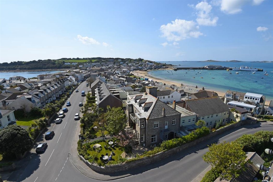 Aerial photography showing St Mary's Hall Hotel and nearby beach
